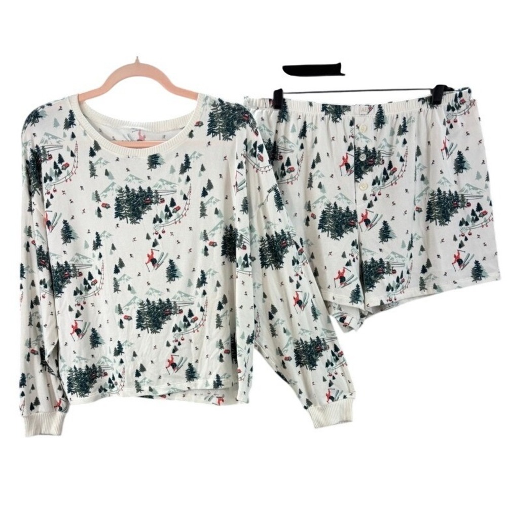 American Eagle Pajama Set Women Sz L White Ski Print Long Cabincore Top & Short